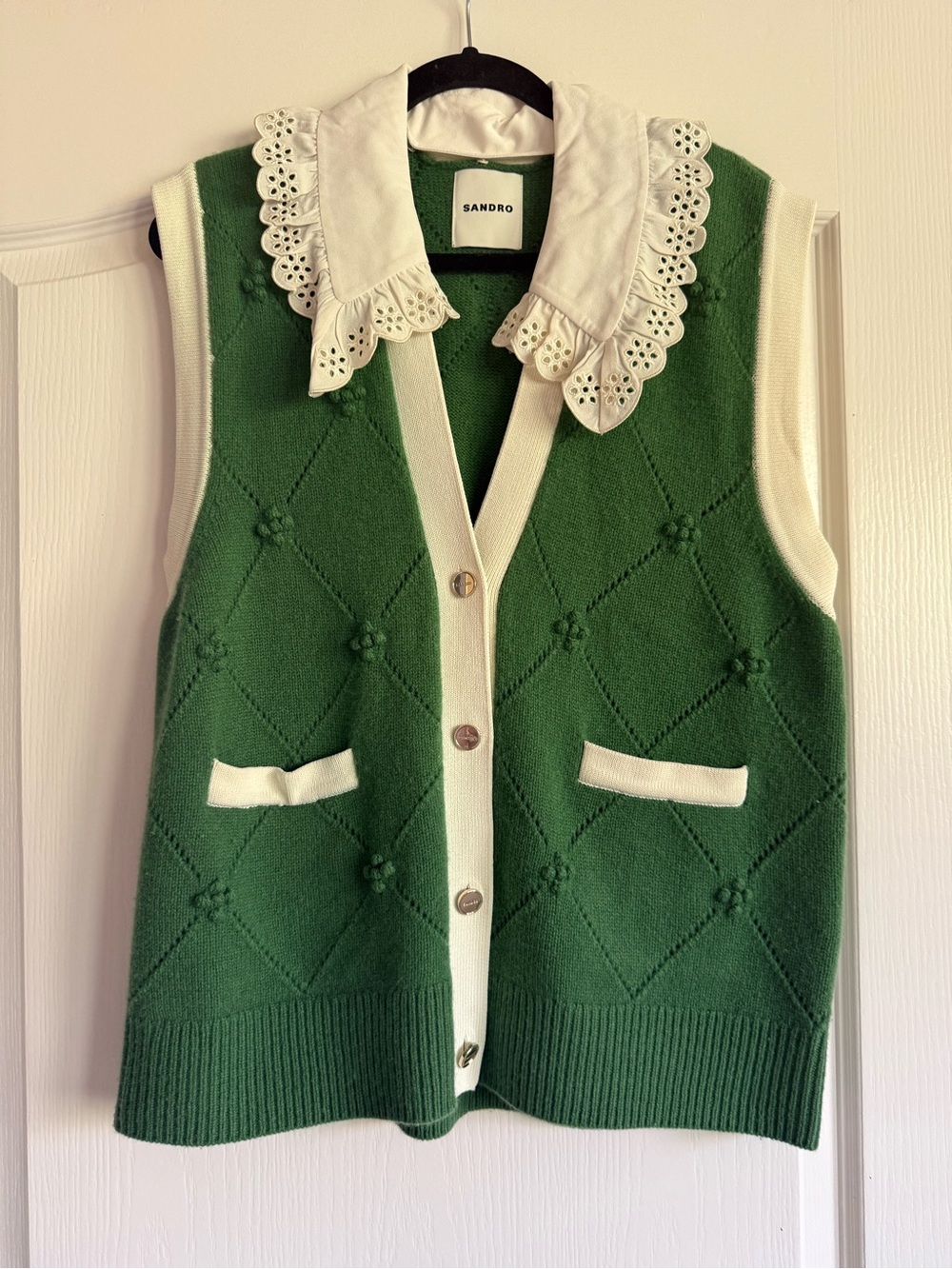 Sandro Green Knit Vest with Cream Trim and Eyelet Collar